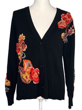 Chico's Black Cardigan Sweater Embroidered Floral V-Neck Cottagecore Womens M